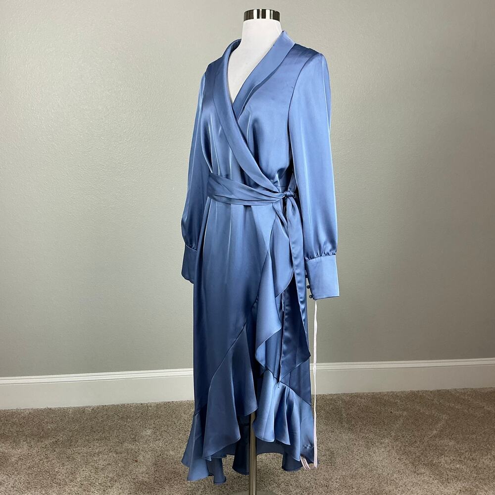Mac Duggal 12506 Blue Wrap Cocktail Dress Satin Long Sleeve High Low Hem Size 8 - Picture 5 of 12